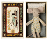 A vintage-style matchbox bed with the text "Best Grand Old Factory Mouse Race Safety Matches" on the left and a Maileg Little Brother mouse in a floral jumpsuit resting inside an open matchbox on the right.