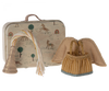 A whimsical toy set featuring a metal suitcase adorned with illustrations of deer, trees, and rainbows. Beside it, there is Maileg Fairy clothes In Suitcase, Little Sister Mouse fit for fairy clothes and a cone-shaped object with white and gold threads cascading from the top.