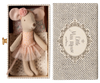 The Maileg Dancing Mouse in Daybed comes in a small decorative box labeled "Little Miss Mouse," featuring a stuffed toy mouse dressed in a pink tutu and flower headband. Complete with a floral pillow and lace bedding, it's like her own tiny day bed after an imagined dance lesson.