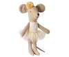 The Maileg Ballerina Mouse - Little Sister (Off White) is depicted standing upright, dressed in a white tutu and floral headband. Crafted from beige cotton/linen fabric, this charming mouse features a simple stitched face with a small smile, round ears, and a tiny tail.