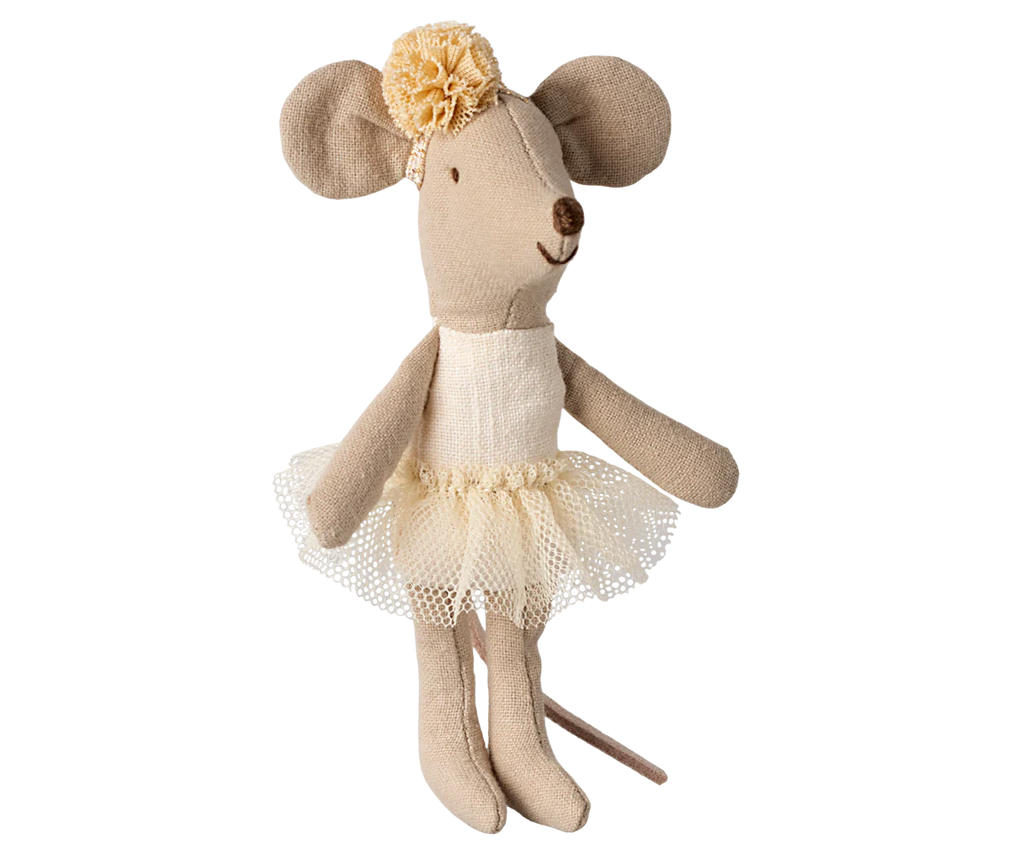 The Maileg Ballerina Mouse - Little Sister (Off White) is depicted standing upright, dressed in a white tutu and floral headband. Crafted from beige cotton/linen fabric, this charming mouse features a simple stitched face with a small smile, round ears, and a tiny tail.