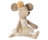 The Maileg Ballerina Mouse - Little sister (Off White) is dressed in a white tutu and adorned with a beige headband featuring a flower. This cheerful ballerina mouse has stitched eyes and nose, and is seated with its legs spread apart. The doll is made from a light brown linen-like material.