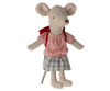 A small fabric mouse toy, affectionately known as the Maileg Big Sister With Backpack - Red, wearing a red and white checkered shirt, a blue and white checkered skirt, and a red backpack. The toy has oversized ears, a long tail, and is designed in a simple and soft-textured style.