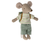 A Maileg Big Brother With Backpack - Mint wearing a green striped shirt, green shorts, and a school backpack. The mouse has large ears, a pointed snout, stitched facial features, and magnets in its hands.