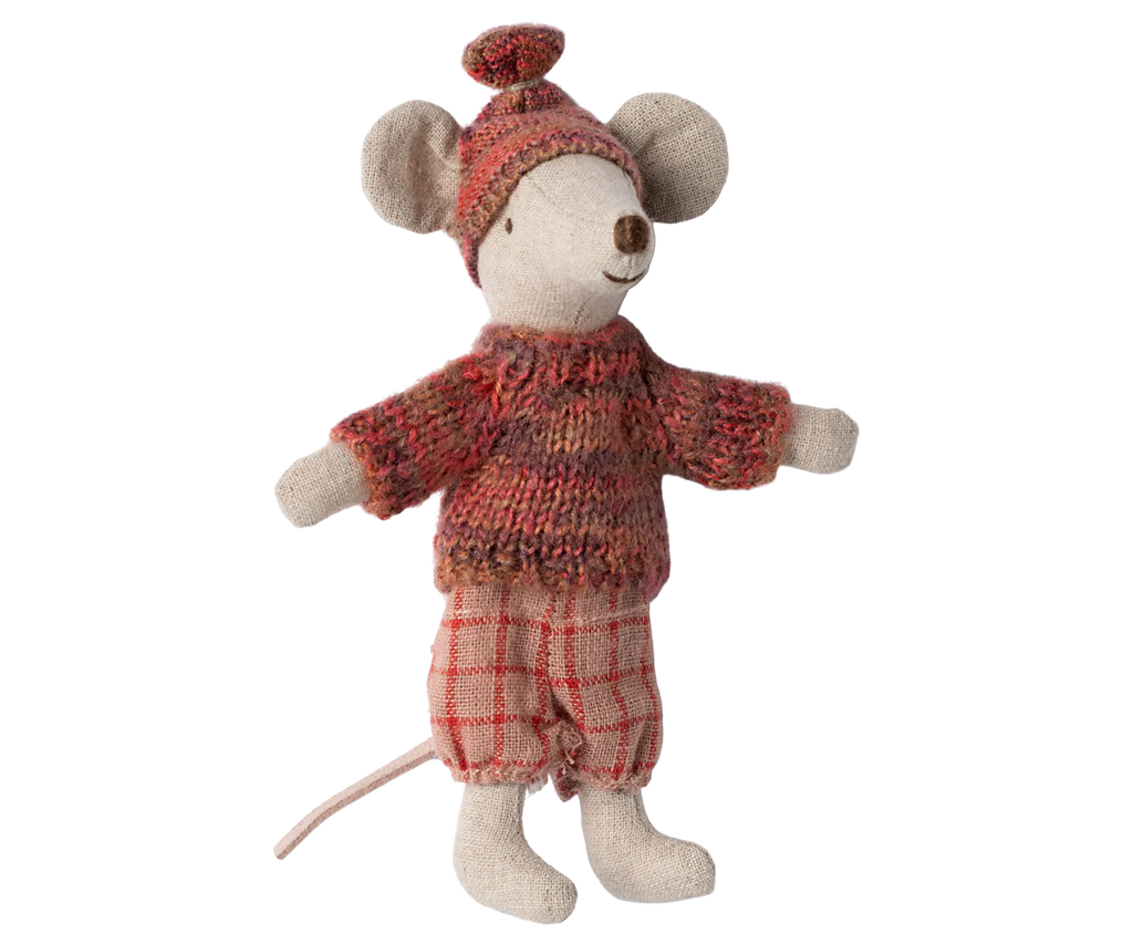 Meet the Maileg Winter Mouse with Ski Set, Big Sister - Rose, an adorable winter mouse toy made from recycled polyester. She sports a red knit sweater and hat, paired with beige checkered pants. With her large round ears and outstretched arms, she's ready to embark on snowy adventures while standing upright.