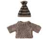 A snug knitted set consisting of a striped beanie and matching chunky sweater in warm brown and gray tones, ideal as winter accessories for the Maileg Big Brother Mouse. All exquisitely showcased against a clean white background.