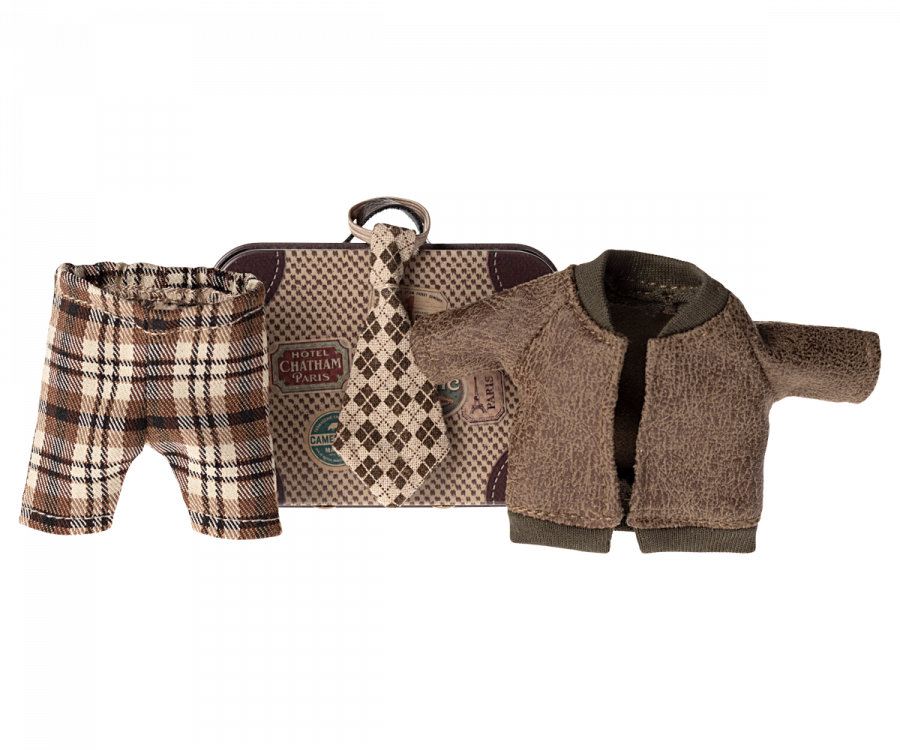 A small outfit set for a toy figure, including brown plaid pants, a brown jacket, a beige and brown checkered tie, and a small metal suitcase with travel stickers. Maileg Jacket, Pants And Tie In Suitcase, Grandpa Mouse