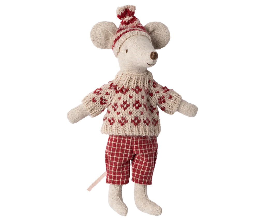 Introducing the Maileg Winter Mouse with Ski Set, Mom in Red: this delightful winter toy is a stuffed mouse dressed in a snug knitted sweater featuring red and beige patterns. It comes with coordinating checkered pants and a cozy knitted hat topped with a pom-pom, making it an ideal addition to any mouse playset for the chilly season.