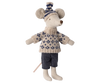 The Maileg Winter Mouse with Ski Set, Dad - Blue features a toy mouse dressed for winter in a cozy knitted sweater with a blue and white pattern, complemented by blue checkered pants and a matching knit hat. The mouse stands upright, poised for its ski adventure, with its long tail trailing behind.