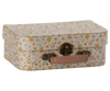 Decorative Maileg 2 Piece Suitcase Set covered in beautiful fabric prints, featuring a metal latch and a pink handle, isolated on a transparent background.