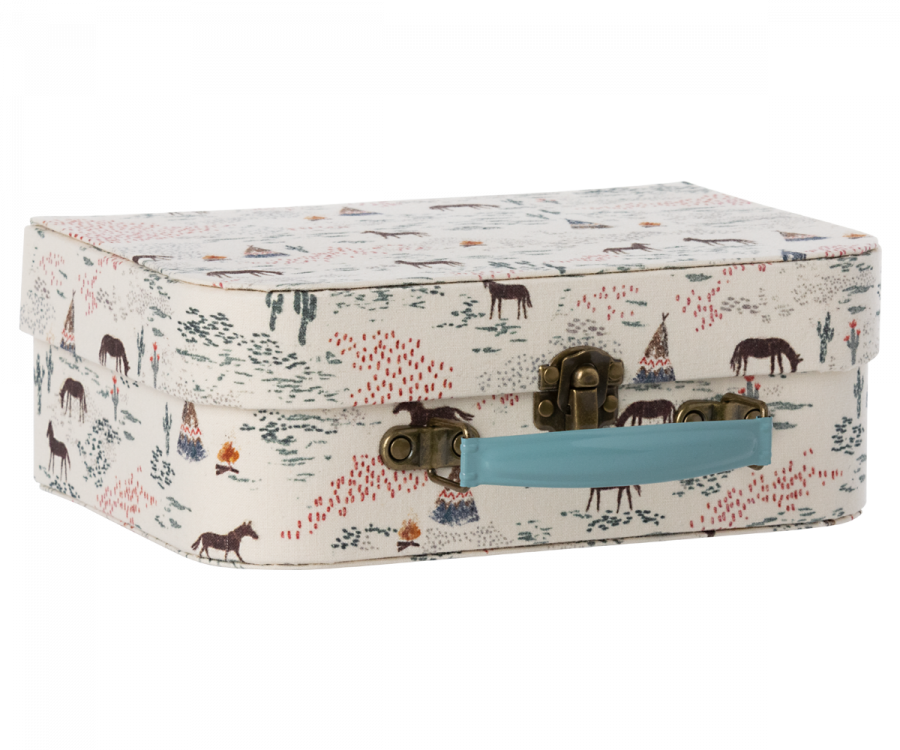 A Maileg 2 Piece Suitcase Set with scenic winter-themed prints, featuring trees and animals, each with a turquoise handle and brass latch.