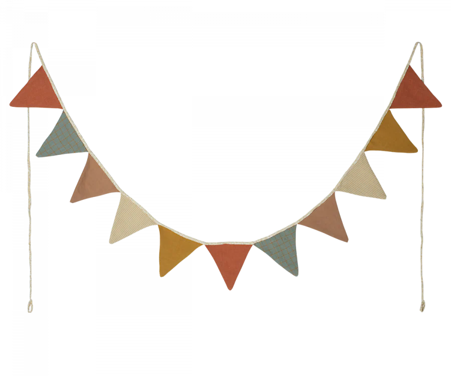 A string of small triangular multi-colored fabrics, including red, yellow, beige, and green, hangs on a white background. This Maileg Garland - Multi forms a charming decorative bunting perfect for playrooms and nurseries.