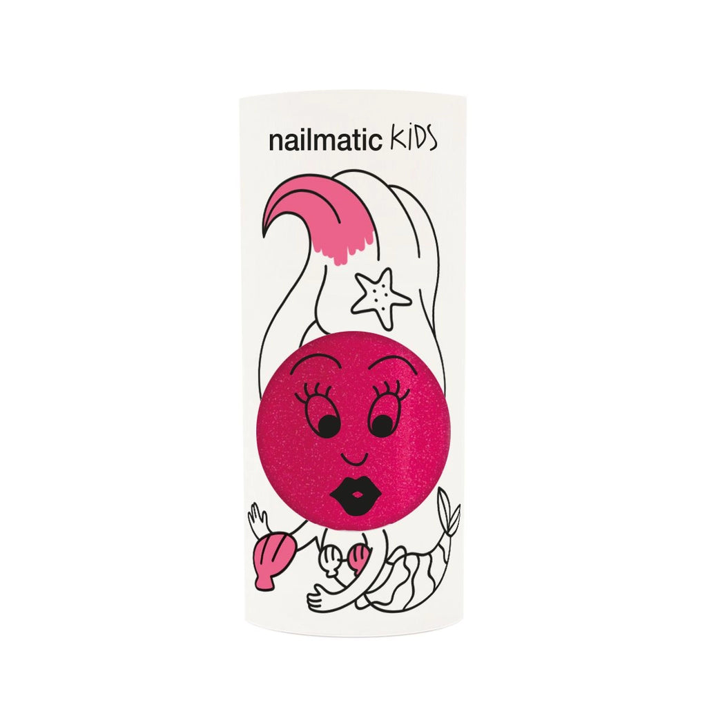 A bottle of Nailmatic - Nail Polish - Sissi featuring a playful design of a pink, glittery mermaid face with wavy white hair and a star accent on a white background.