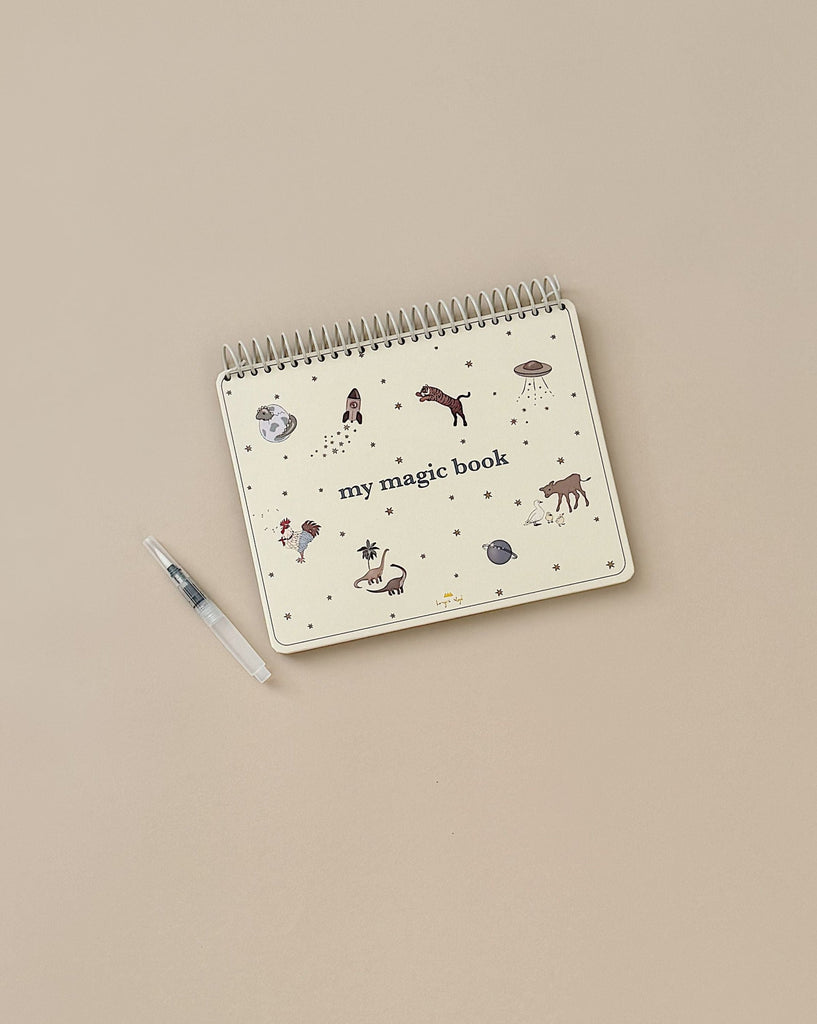 A beige spiral-bound "My Magic Water Book - Sleet" lies on a matching beige surface. The cover features whimsical illustrations of various animals and objects. A white and gray refillable water brush pen is placed to the left of the book.