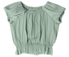 A light green, short-sleeve Maileg Princess Blouse - Mint (Final Sale) with gathered detailing. Crafted from exclusive materials, it features a round neckline and ruffled, slightly puffed sleeves. The waistband and hem are also gathered, giving a flowy and textured appearance perfect for any fairytale dream.