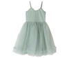 A Maileg Princess Tulle Dress - Mint with delicate shoulder straps, perfect for a fairytale dream. The dress features a fitted bodice adorned with a small decorative flower on one shoulder and a fluffy tulle skirt that flares out slightly at the hem, as if plucked from a magical wardrobe.