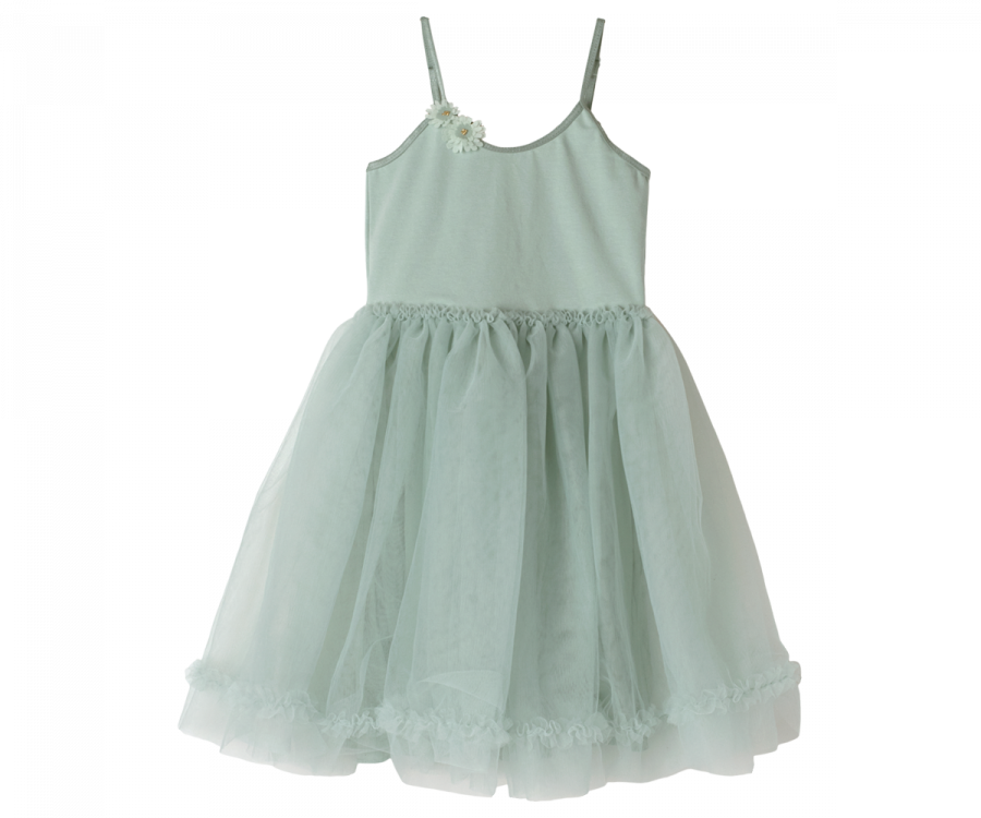 A Maileg Princess Tulle Dress - Mint with delicate shoulder straps, perfect for a fairytale dream. The dress features a fitted bodice adorned with a small decorative flower on one shoulder and a fluffy tulle skirt that flares out slightly at the hem, as if plucked from a magical wardrobe.