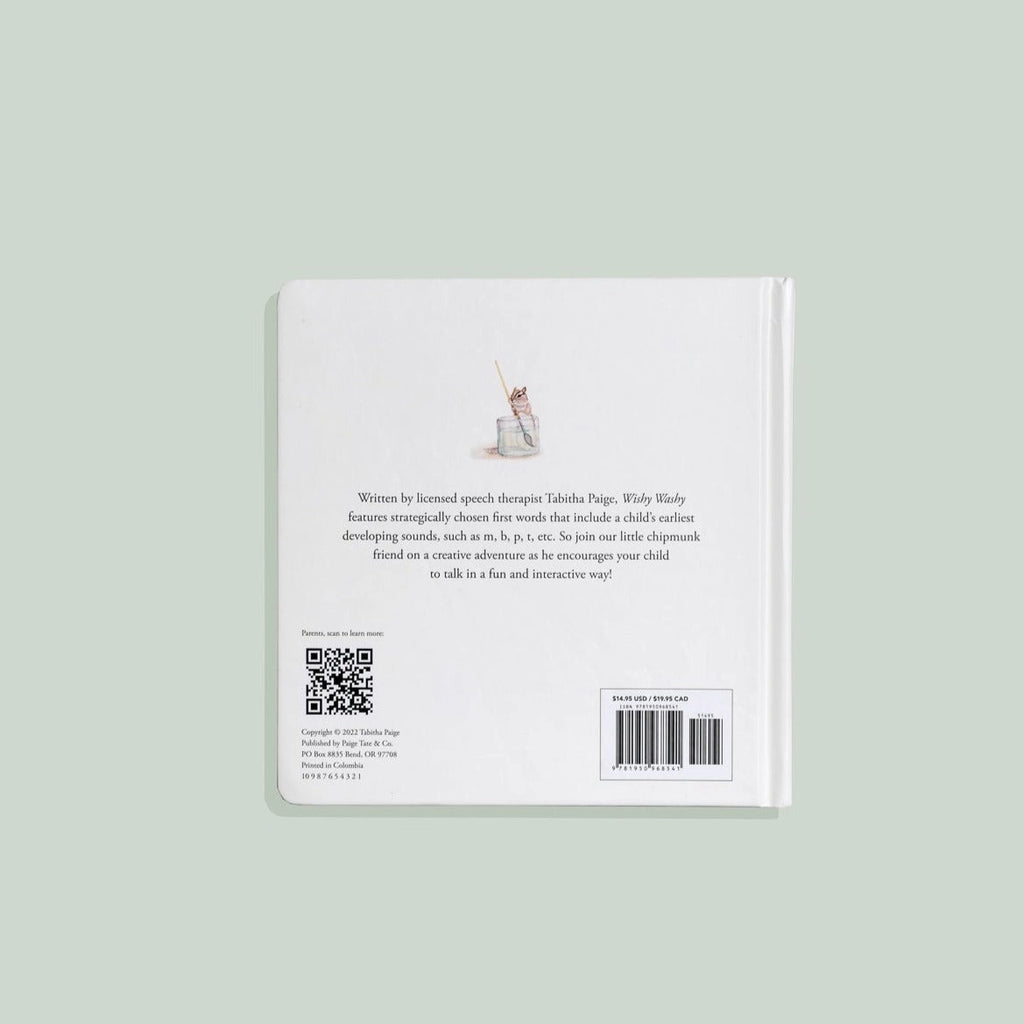 Back cover of a board book titled "Wishy Washy: A Board Book of First Words and Colors" featuring a description, small illustration of a character on a sailboat, a QR code, and barcodes on a light gray