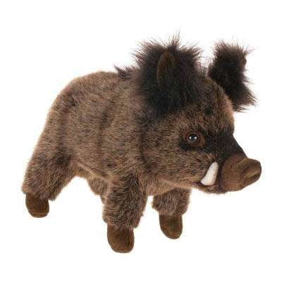 A Baby Boar Stuffed Animal, featuring realistic brown fur, small ears, and a protruding snout, artisan hand sewn and isolated on a white background.