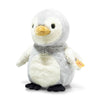 The Steiff Penguin Stuffed Plush Animal is a cuddly toy with a soft gray and white body, an orange beak, and black feet. It features shiny black eyes and a small yellow tag on its wing. Standing upright against a white background, this plush penguin is the perfect adventure playmate for imaginative journeys.