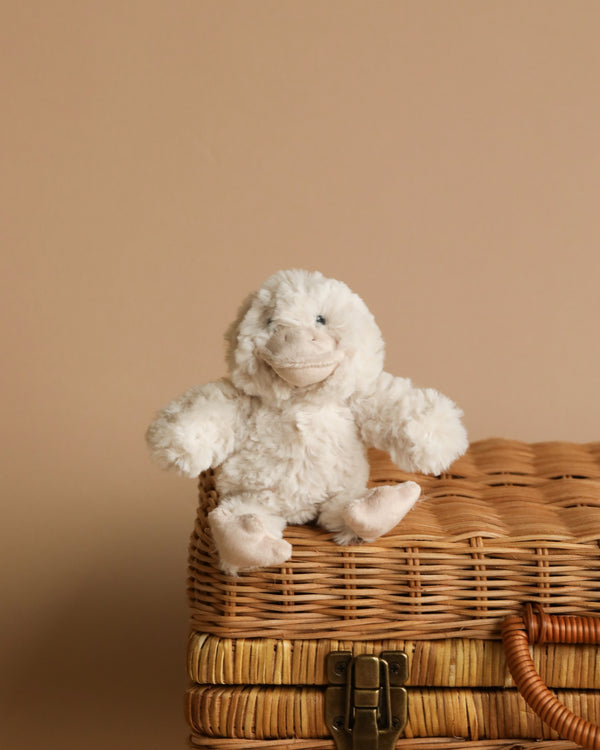 A small, fluffy white plush toy resembling Mini Bill the Duck Rattle is sitting on top of a closed woven wicker basket with a clasp. The background is a neutral beige color, perfect for setting up an action-reaction learning environment.