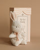 A small, soft Maileg My First Bunny in Dusty Rose, adorned with a peach-colored ribbon around its neck, sits in front of a beige box. The box features light pink stripes and has "My First Bunny" printed on it. This charming set, ideal for a baby shower gift, is displayed against a neutral background.