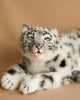 A Snow Leopard Stuffed Animal, hand-sewn with exquisite care, is positioned against a plain beige background. The toy is detailed with black spots on white fur and has a slightly open mouth with a pink tongue sticking out, giving it a lifelike and playful expression, showcasing its unique personality.