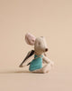 A Maileg Fairy Angel Mouse - Mint with a soft brown body, large ears, and a teal blue outfit sits against a plain beige background. The fairy mouse also has tiny, delicate wings attached to its back, ready to create magical moments and inspire wonderous stories.