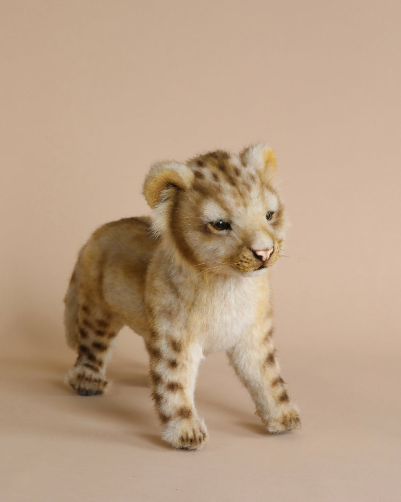 A Lion Cub Standing Stuffed Animal stands on a neutral background. The toy, part of our collection of realistic plush animals, has soft light brown fur with subtle darker spots and a detailed expression, giving it a lifelike appearance.