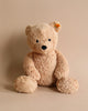 A Steiff Jimmy Teddy Bear, 16 Inches with a light brown, textured fur and a black nose, sits against a plain beige background. It has an alert expression with its head slightly tilted to one side and sports the distinctive