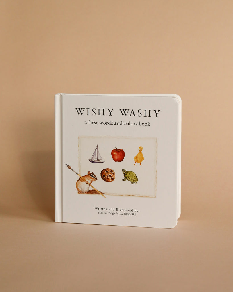 A children's book titled "Wishy Washy: A Board Book of First Words and Colors" is standing against a beige background. The cover features illustrations of various objects, including a chipmunk, a ball, a paper sailboat, an apple, a turtle, and a rubber duck—perfect for toddler education and speech development.