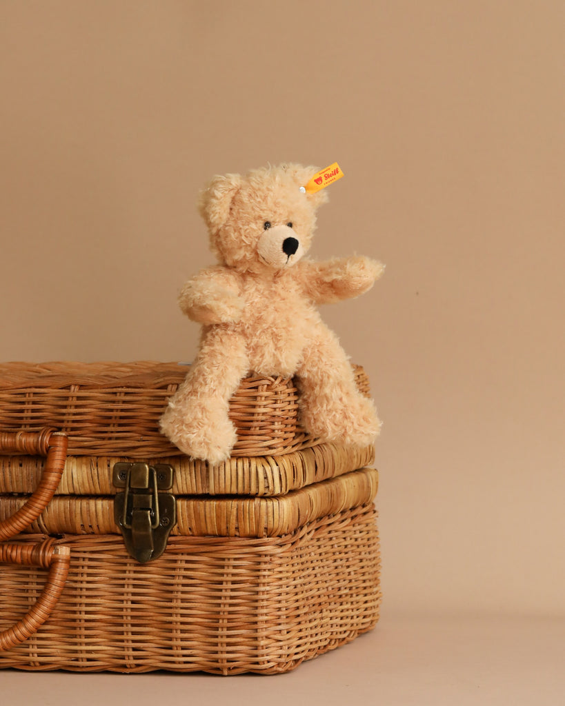 A small, light brown Steiff, Fynn Teddy Bear Plush Toy, 7 Inches sits on a woven wicker basket, its tag showing Steiff - Button in Ear. The basket is natural in color with a metal latch. The background is a neutral beige, creating a soft and cozy ambiance.