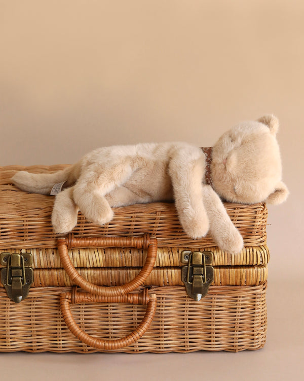 A light brown Maileg Plush Kitten, Cream Peach lies on top of a closed wicker suitcase with two leather handles and metal clasps, against a neutral beige background. The plush toy is in a relaxed sleeping position, adding a whimsical touch to the cosy basket scene.