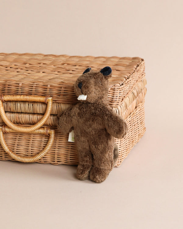 A small brown Senger Naturwelt stuffed animal - Baby Beaver standing next to a woven wicker basket on a beige background.