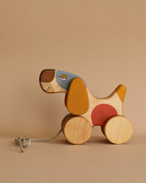 A wooden playmate, the Handmade Pull Along Terrier Dog Toy made from sustainably harvested birch wood, sits against a beige background. Painted in blue, red, and brown details, it rests on four wooden wheels. The pull string for this charming toy is partially visible on the left side.