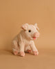 A Pig Stuffed Animal sitting on a beige background, with a soft pink hue, detailed features, and a happy expression.