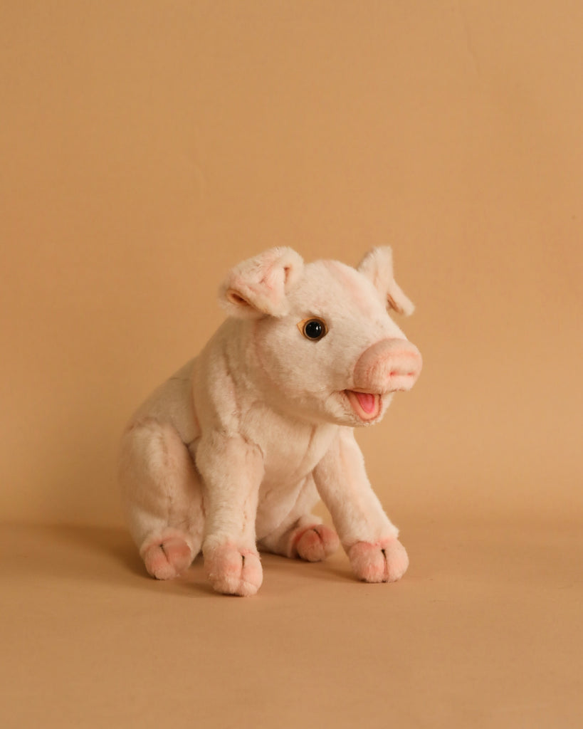 A Pig Stuffed Animal sitting on a beige background, with a soft pink hue, detailed features, and a happy expression.