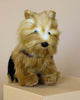 A realistic Yorkshire Terrier Dog Stuffed Animal with fluffy light brown and cream fur sits on a beige surface, facing the camera. Renowned for its realistic features, this HANSA plush animal has a black nose, black eyes, and pinkish-brown paw pads, positioned against a plain, tan background.