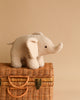 A small, plush Elephant Teddy Stuffed Animal stands on top of a closed wicker basket with a beige background. This soft, snuggly elephant is light grey and features large floppy ears and a short trunk. The wicker basket, equipped with a latch and handle on the front, also has a cozy cotton lining inside.