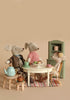 Product: Maileg Set - Tea Party With Grandparents

Description: The Maileg Set - Tea Party With Grandparents features two charming fabric mice nestled in a wooden cigar box. The mouse on the left is adorned in a cute blue checkered outfit with black shoes, while the mouse on the right looks delightful in a floral dress accented with a pink ribbon around its neck. These vintage-inspired outfits ignite imagination and storytelling, perfectly complemented by the box’s nostalgic branding.

