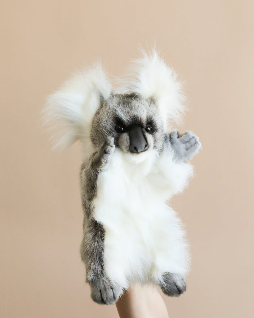 A hand is holding the Koala Puppet against a beige background. The fluffy, gray and white plush toy features large, fluffy ears, a dark nose, and small black eyes, giving it cute and realistic characteristics.