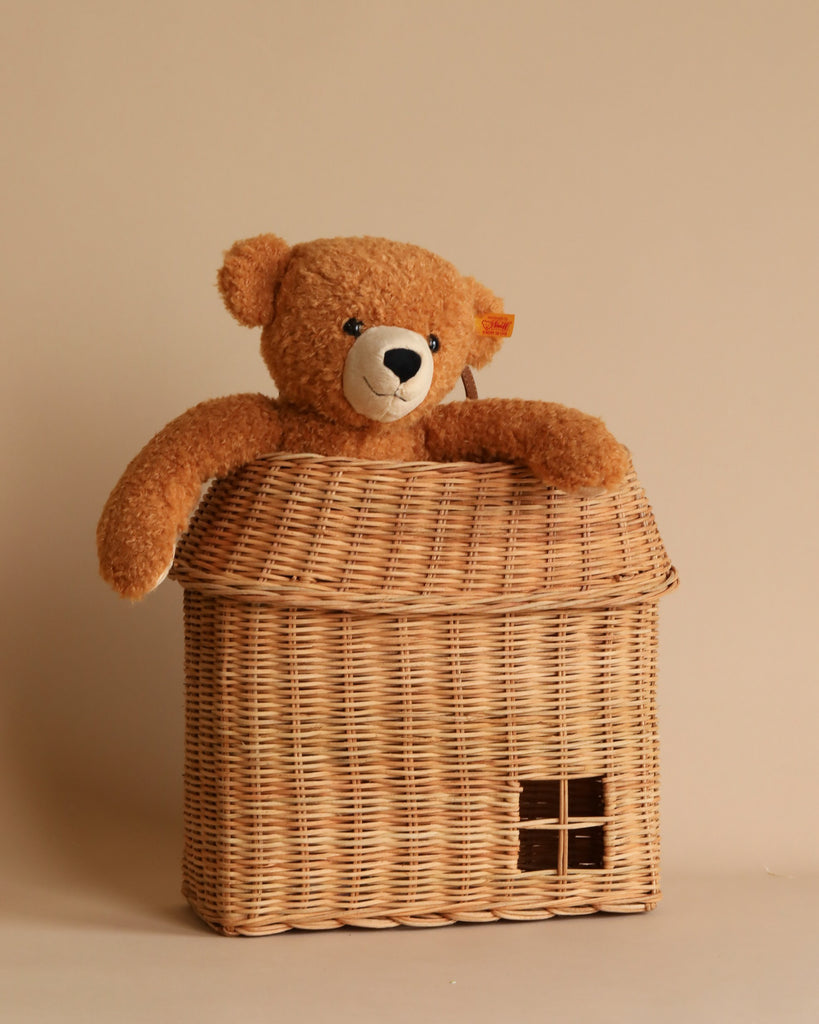 The Olli Ella Hanging Rattan Basket Hutch, a handcrafted small house-shaped rattan basket, cradles a plush teddy bear with light brown fur. The bear's arms drape over the basket's edge, which features a charming small window design on the front. The scene is set against a solid, neutral beige background.