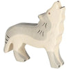 A Holztiger Wolf, Howling, featuring a light gray and off-white color palette with minimalistic black detailing. The wolf's head is raised upwards as if howling, and the design is simple and stylized. Made in Europe by HOLZTIGER figures.