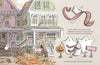 An illustration from "Little Ghost Makes a Friend Book" shows a ghost flying around a neighborhood. One house is run-down, while another has been freshly painted and features a “For Sale” sign. Blending in with the Halloween decorations are two ghosts: one shyly peeking out with a heart-shaped tongue, and another holding up a "Boo!" sign, both ready for the Halloween party.