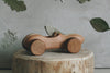 A Handmade Wooden Race Car sits on top of a rustic, tree stump-style base. The Handmade Wooden Race Car, crafted with an ultra smooth finish and polished with natural linseed oil, features simple design elements like circular wheels. The background shows various green leaves pressed and displayed behind a glass frame.