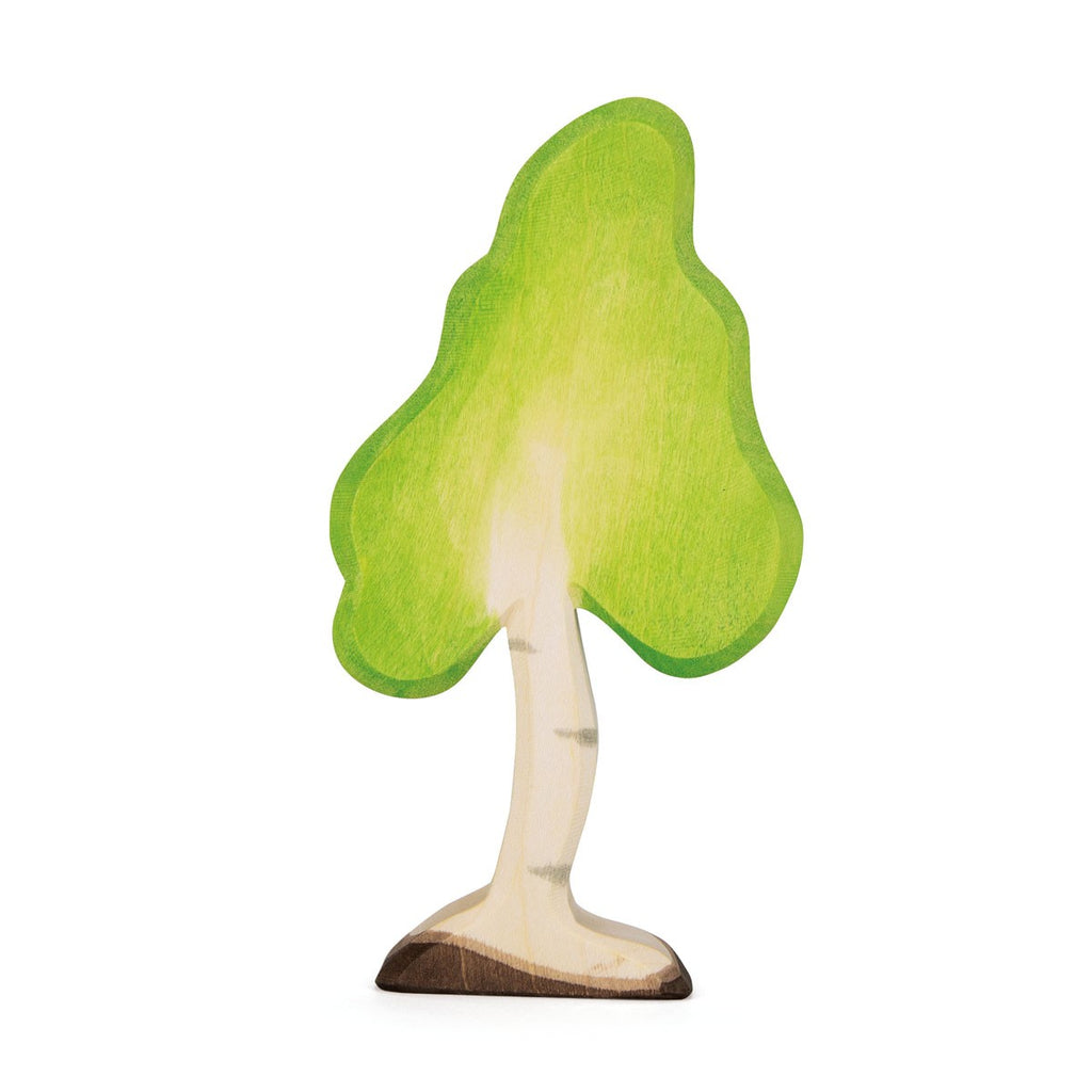 This whimsical and rounded Ostheimer Birch Tree, Small features light green foliage and a pale brown trunk. The base of the tree is slightly darker brown. Handcrafted using sustainably sourced materials, it showcases a simple, hand-painted style typical of Ostheimer toys, all set against a white background.