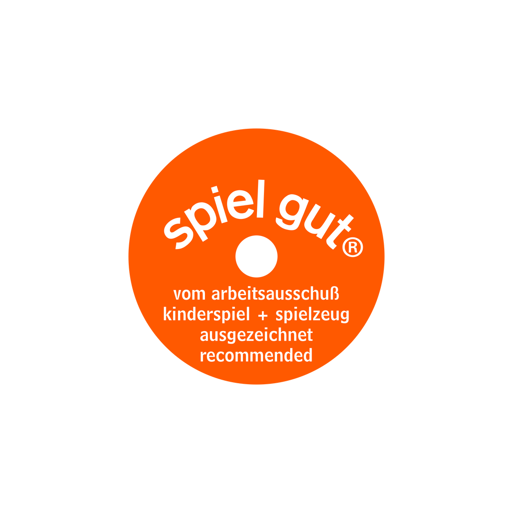 A circular orange label with white text reads: "spiel gut vom arbeitsausschuss kinderspiel + spielzeug ausgezeichnet recommended" around a central white dot. This label, often found on lifelike plush toys like the Teddy Hermann Gray Standing Cat Stuffed Animal from the Hermann Teddy Collection, designates child-friendly toy recommendations.