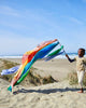 A child stands on a sandy beach, holding a vibrant Sarah's Silk Giant Forest Playsilk that catches the wind, sparking imaginative play. The sky is clear and the ocean shimmers in the background, framed by grass-covered dunes.