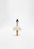 Introducing the Wooden Ballerina: a minimalist wooden figurine featuring a round base reminiscent of a dress, complete with a simple head and bun hairstyle. This hand-painted piece is crafted using water-based paint and captures the elegance of a ballerina, beautifully showcased against a plain white background.