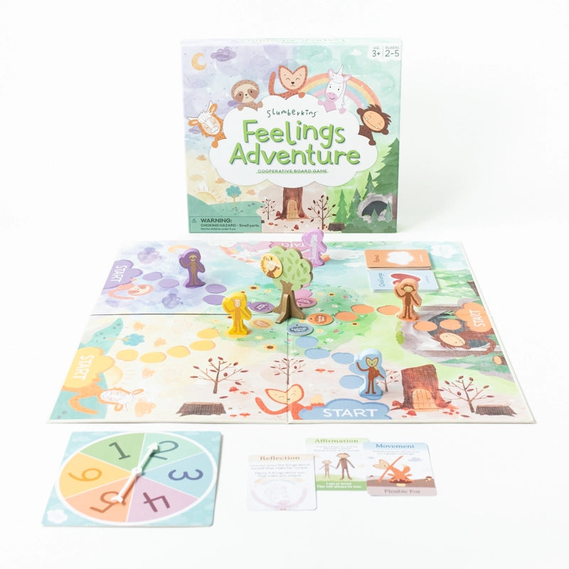 An educational cooperative game titled "Slumberkins Feelings Adventure Board Game" displayed with its box, game board, cards, and a spinner, featuring colorful illustrations of forest animals and various emotional regulation skills.